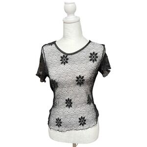 Vintage Y2K Black Sheer Mesh Top Floral Lace Stretch Tee Goth Coquette Size S